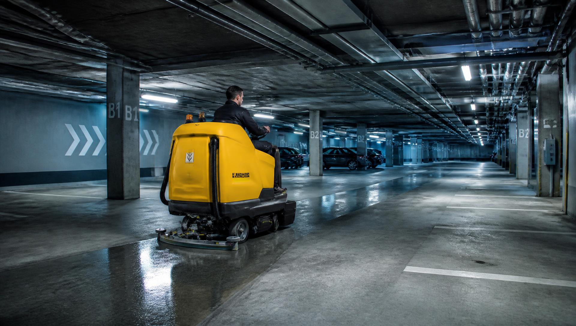 Industrial floor scrubber cleaning an underground parking garage