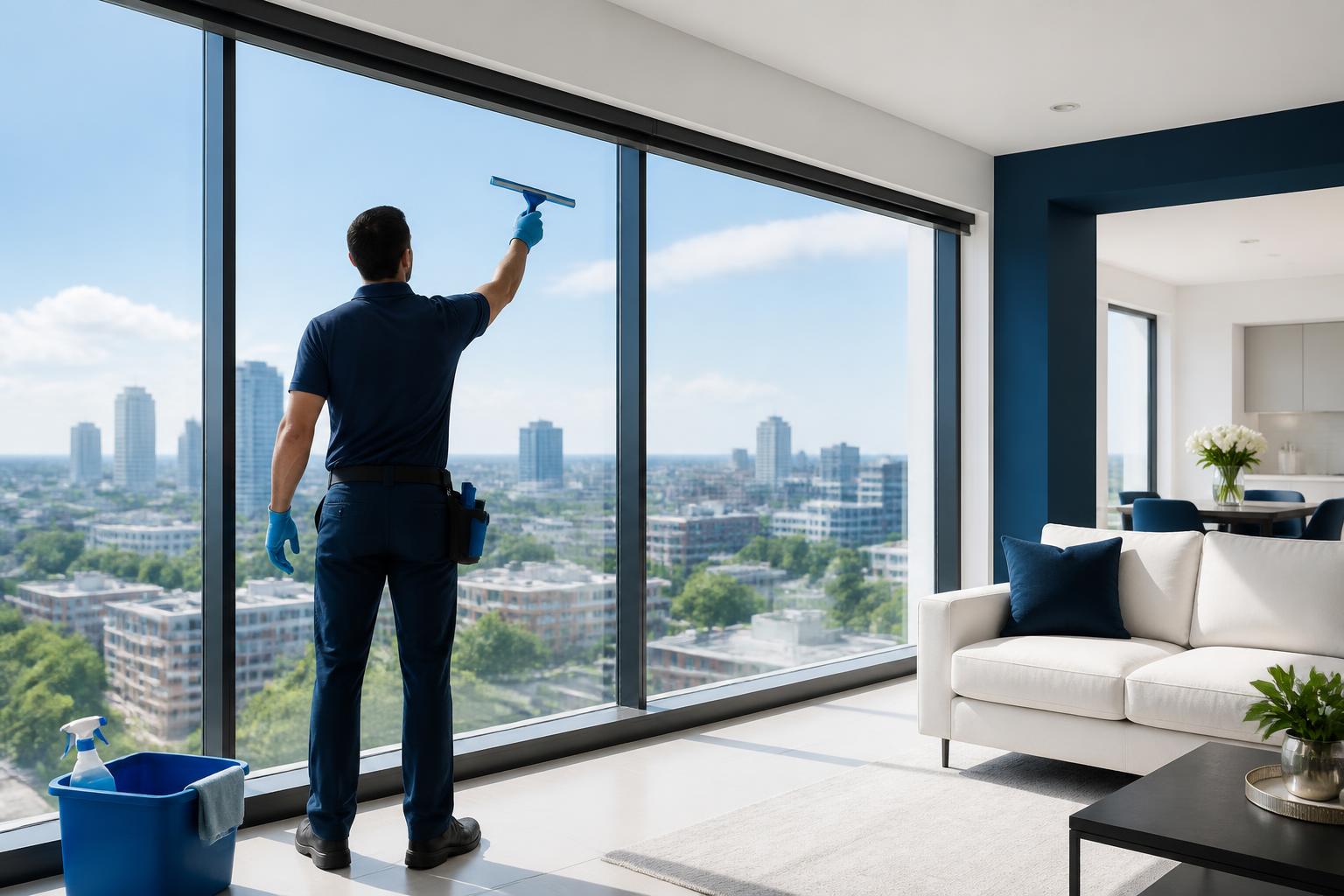 Professional cleaner washing a large panoramic window
